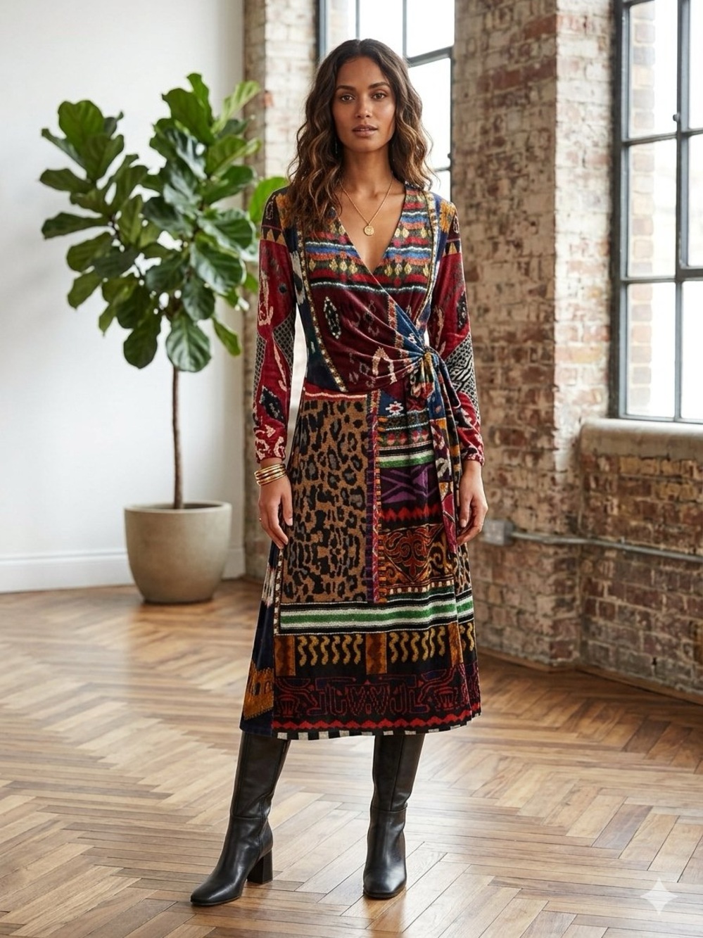 ETRO Wrap Midi Dress in Multicolor Patchwork Print